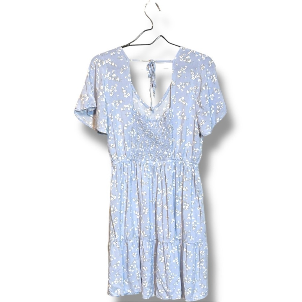 Yarn&Sea Baby Blue Floral Print Smocked Open Back Flutter Short Sleeve Sundress - Picture 15 of 16